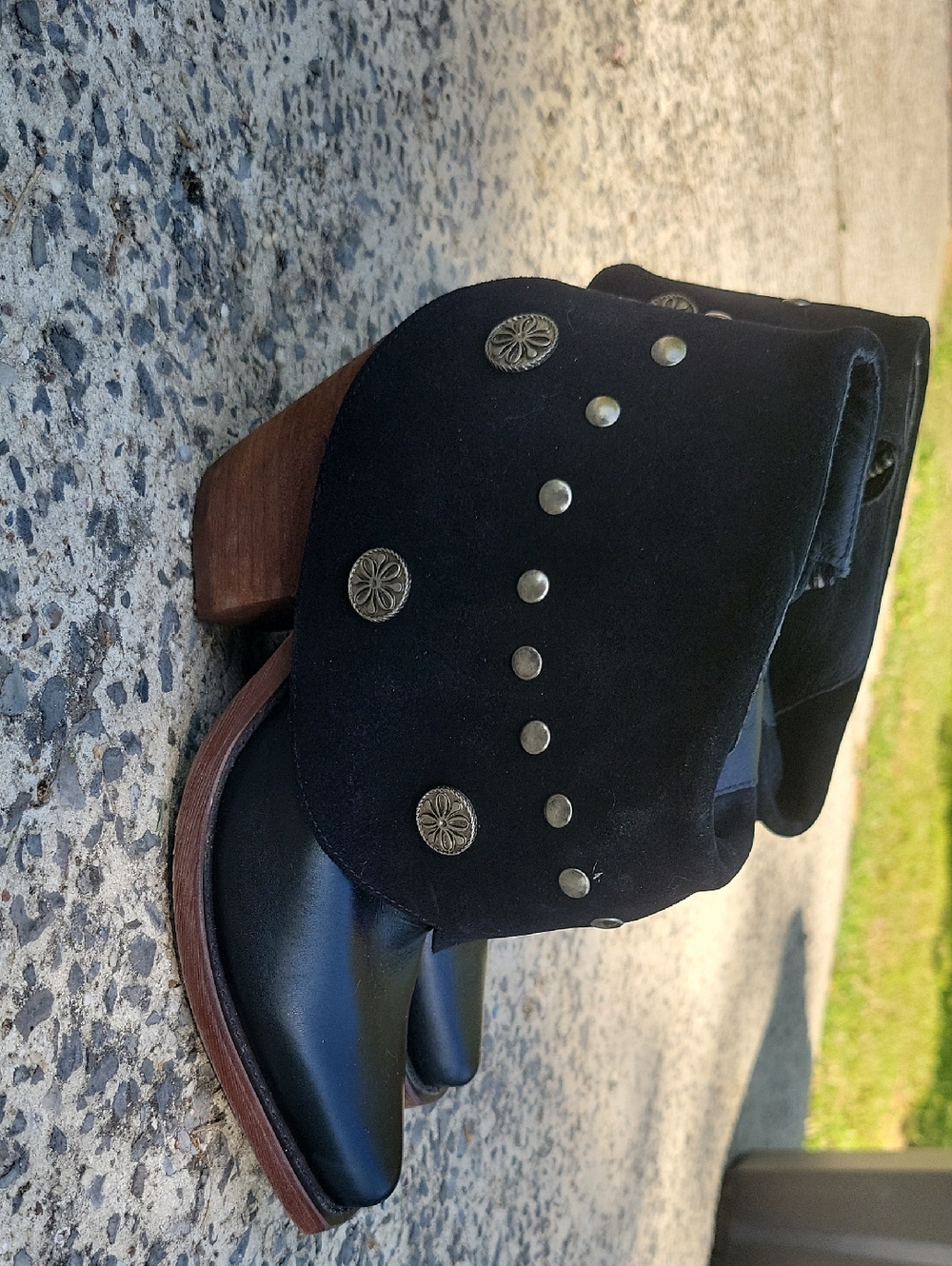 Women's Black Leather & Suede Studded Western Ankle Boots